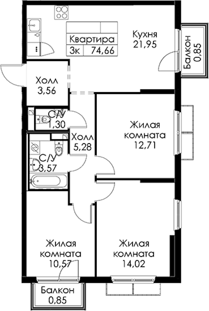 3-комнатная квартира 74.66 м², 15/15 эт., ЖК «Янинский лес»